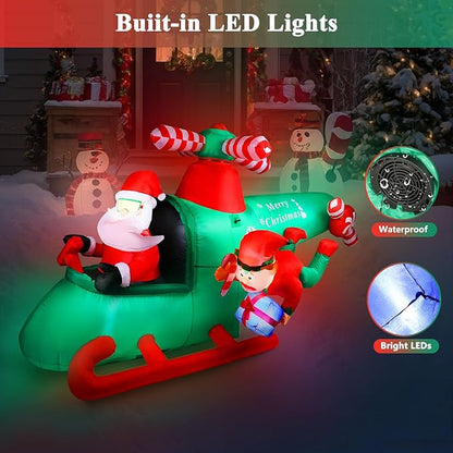 8.5FT Christmas Inflatables Santa Claus Helicopter Decoration - Blow Up Weatherproof IP44, Built-in LED Lights, Indoor/Outdoor Yard & Garden Lawn Decor with Elf & Gift Box (Winter Holiday Xmas)