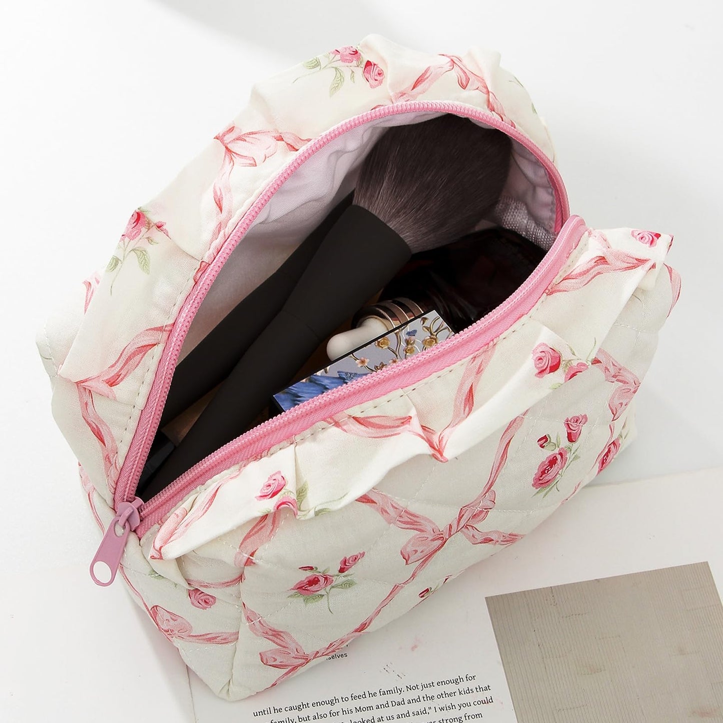 Cute Makeup Bag Travel Cosmetic Bag for Women,Small Floral Organizer Toiletry Bag Make Up Bags,Coquette Aesthetic Bowknot Toiletry Bag,Soft Cotton Cloth Travel Toiletry Bag (04 Pink Bow Flower)