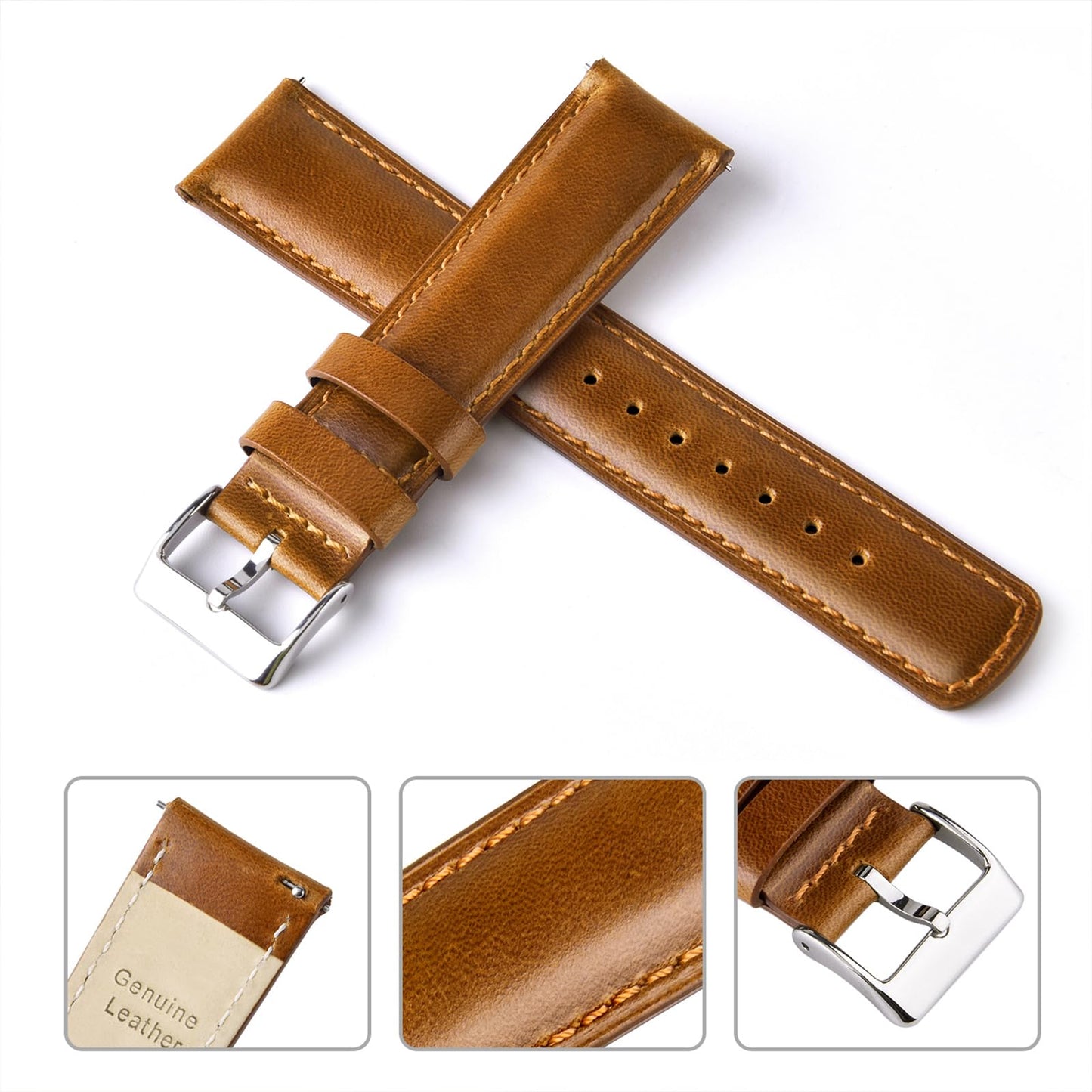 Ritche Christmas Gift Genuine Leather Watch Band 22mm Classic Vintage Quick Release Leather Watch Strap (Toffee Brown), White Elephant Gifts, Stocking Stuffers for Men