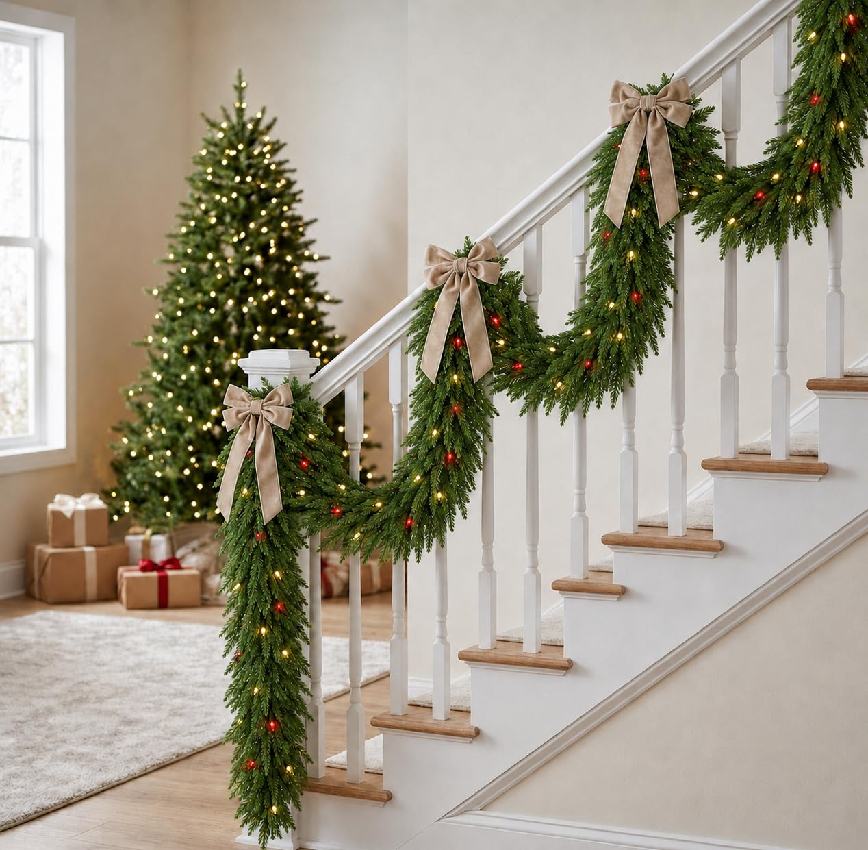 FesNiva 2 Pcs Artificial Norfolk Pine Garland – Winter Greenery Garland for Christmas Decorations, Ideal for Mantle, Table, Fireplace & Holiday Home Decor (9 FT)