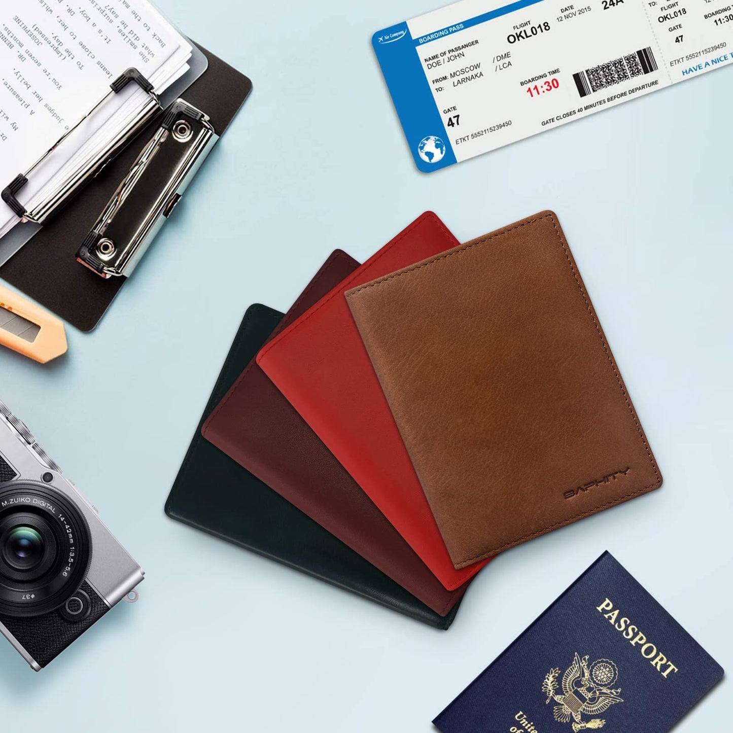 BAPHITY Genuine Leather RFID Blocking Passport Holder Wallet with Zipper Hidden Pocket,Luxury Cover for Men Women,Ideal Gift-red-brown