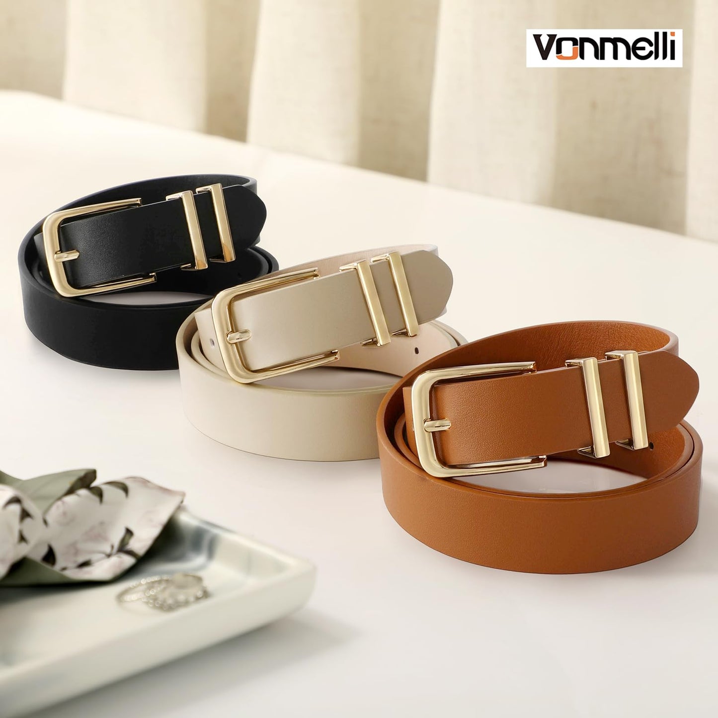 VONMELLI 3 Pack Women's Belts for Jeans Pants Fashion Gold Buckle Ladies Dress Belt, Black+Brown+Beige S