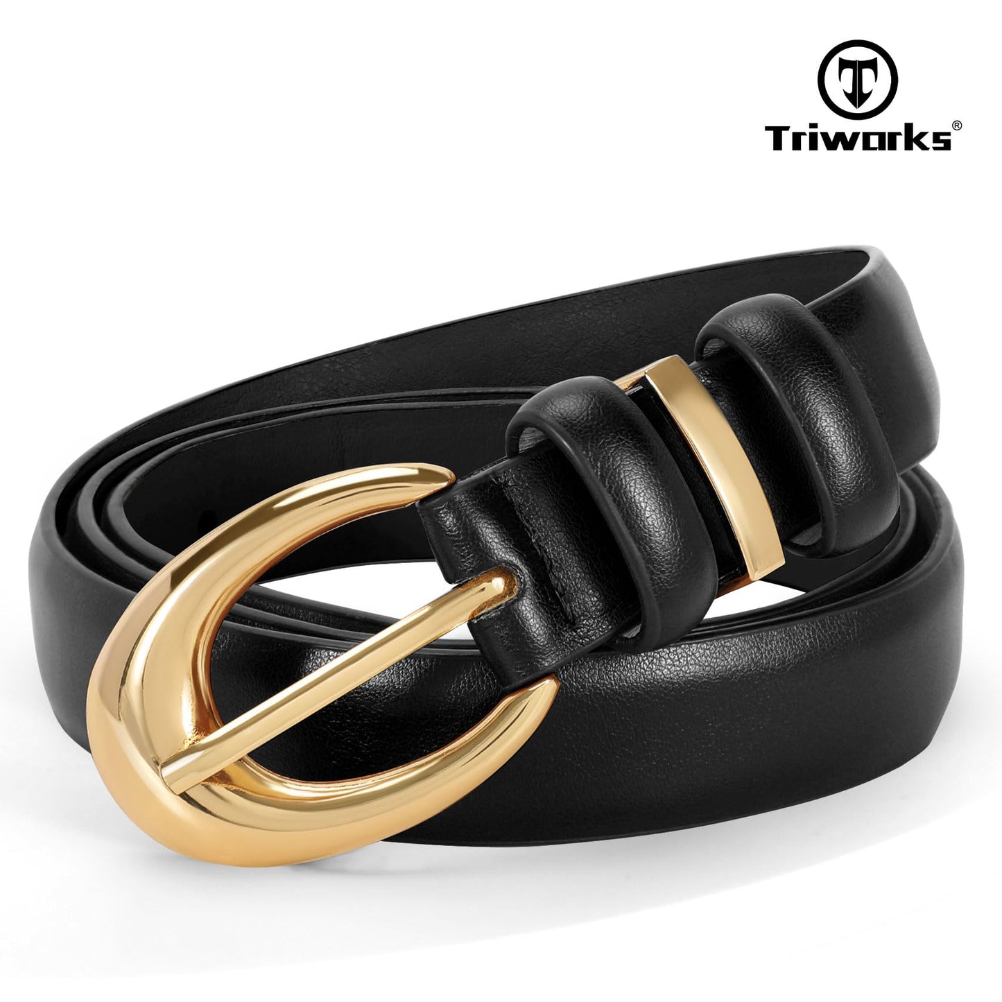 TRIWORKS Women Leather Belt for Jeans Pants Fashion Ladies Skinny Faux Leather Dress belt with Gold Buckle