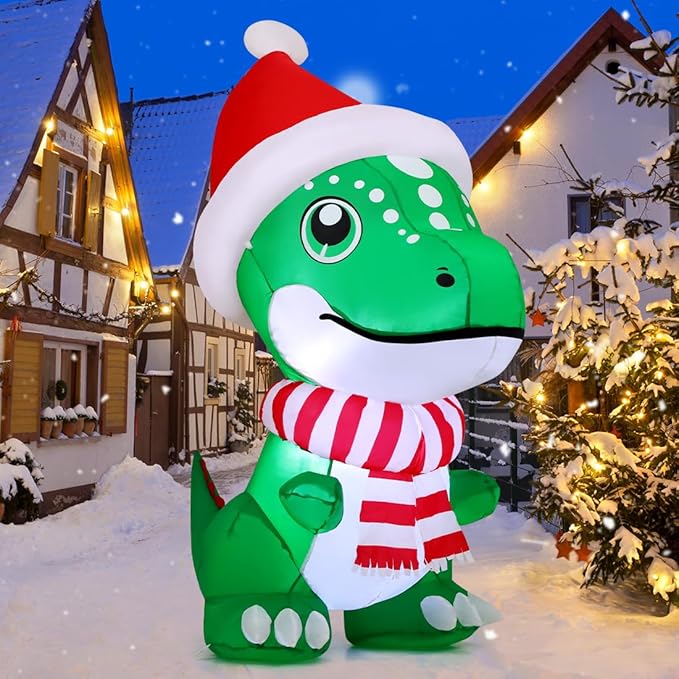 GOOSH 5 FT Christmas Inflatables Dinosaur Outdoor Decorations Blow Up T Rex with Xmas Hat Yard Decorations with Built-in LED Lights for Garden Lawn Indoor Party Décor