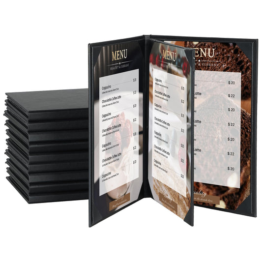 AMGSH 4 View 10 Pack Menu Holder Menu Covers 8.5" x 11" | Certificate Holder Diploma Holder Black Leather Menu Sleeves Book Style for Restaurant Coffee Bars Wine List Fit for Letter Size Paper