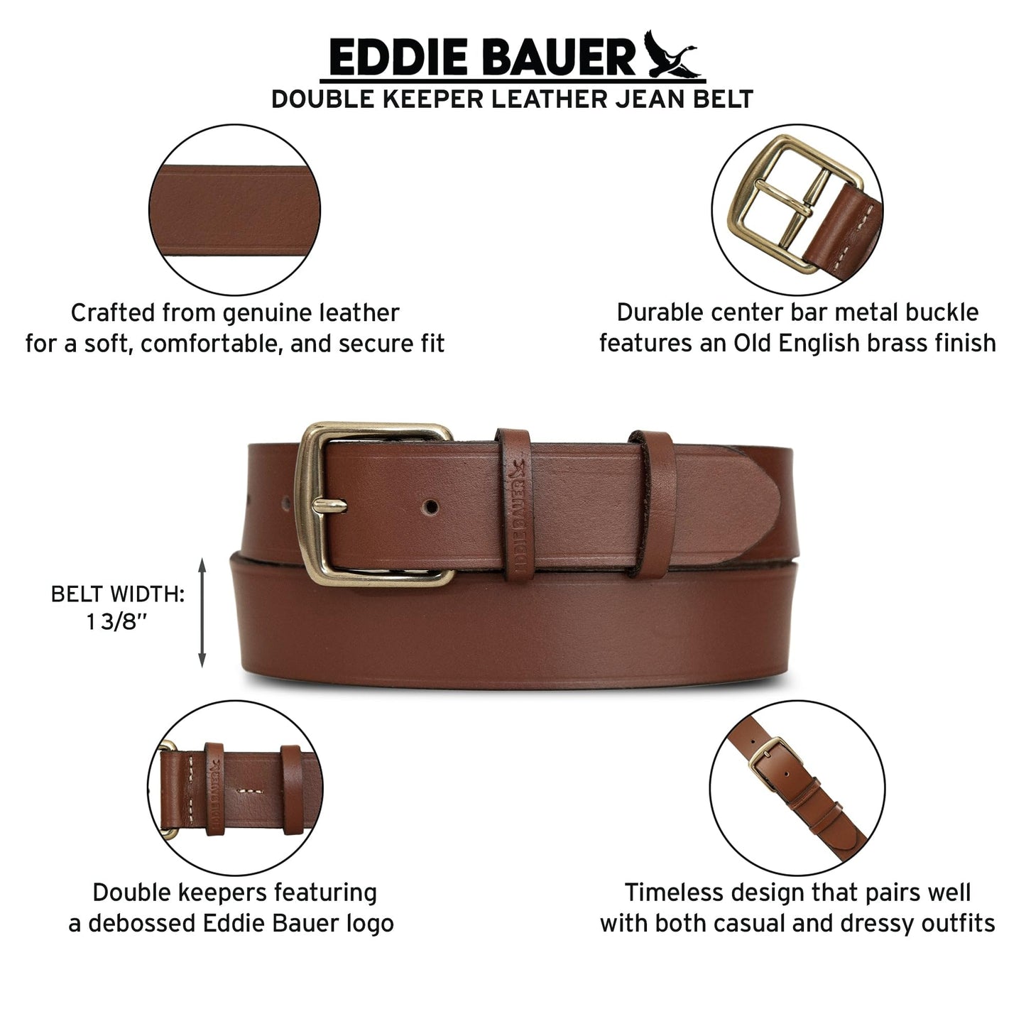 Eddie Bauer Womens Leather Jean Belt | Double Keeper Buckle | Casual | Outdoor | Western | Everyday | Leather | Brown - Small