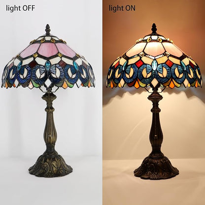 Tiffany Lamp Pink Stained Glass Table Lamp Bedside Reading Light W12H19 Inches (Pink Baroque Style)