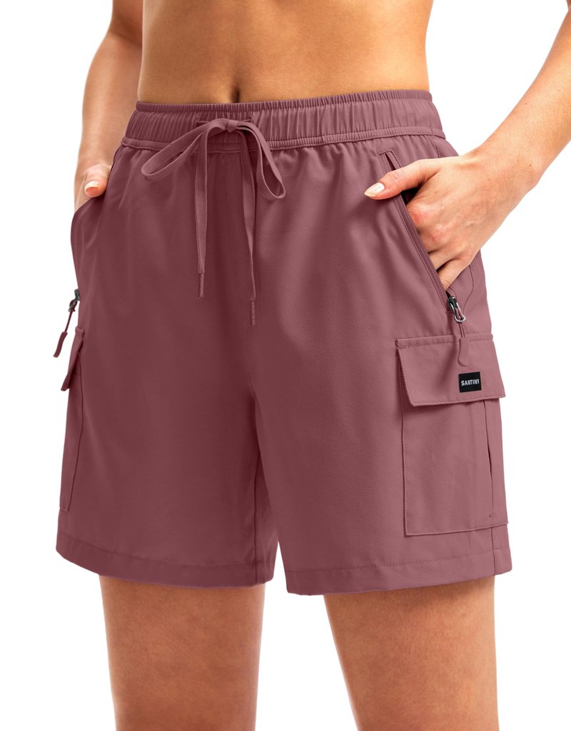 SANTINY Women's 5''/ 7''/9'' Hiking Cargo Shorts Quick Dry Lightweight Summer Shorts for Women Athletic Golf Zipper Pockets(Dusty Pink_M)