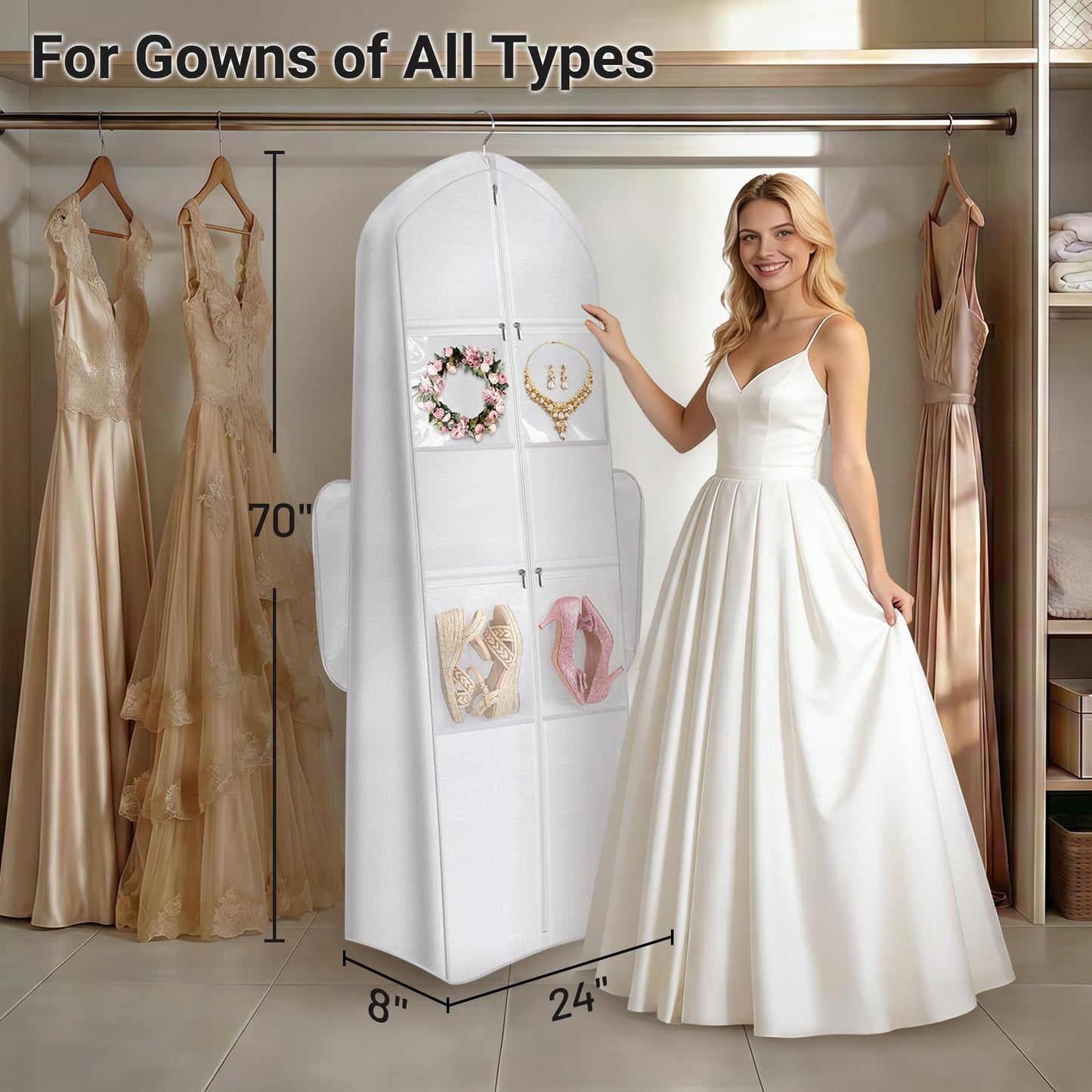 MISSLO 2-in-1 Wedding Dress Garment Bag with 5 Bride Accessories Pockets 70" Dress Bags for Gowns Long with Adjustable Handles Trifold Dresses Cover for Travel and Closet Storage, White