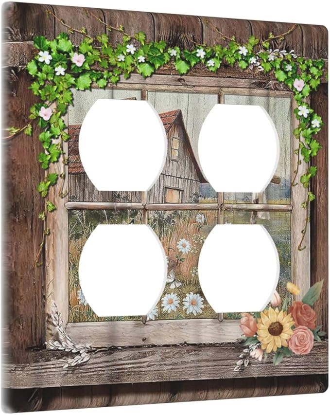 Decorative Light Switch Cover Plate Farm Barn Farmhouse Rustic Country Flower 2 Gang Socket Covers Double Duplex Wallplates Switch Plates and Outlet Covers for Bathroom Home Decor