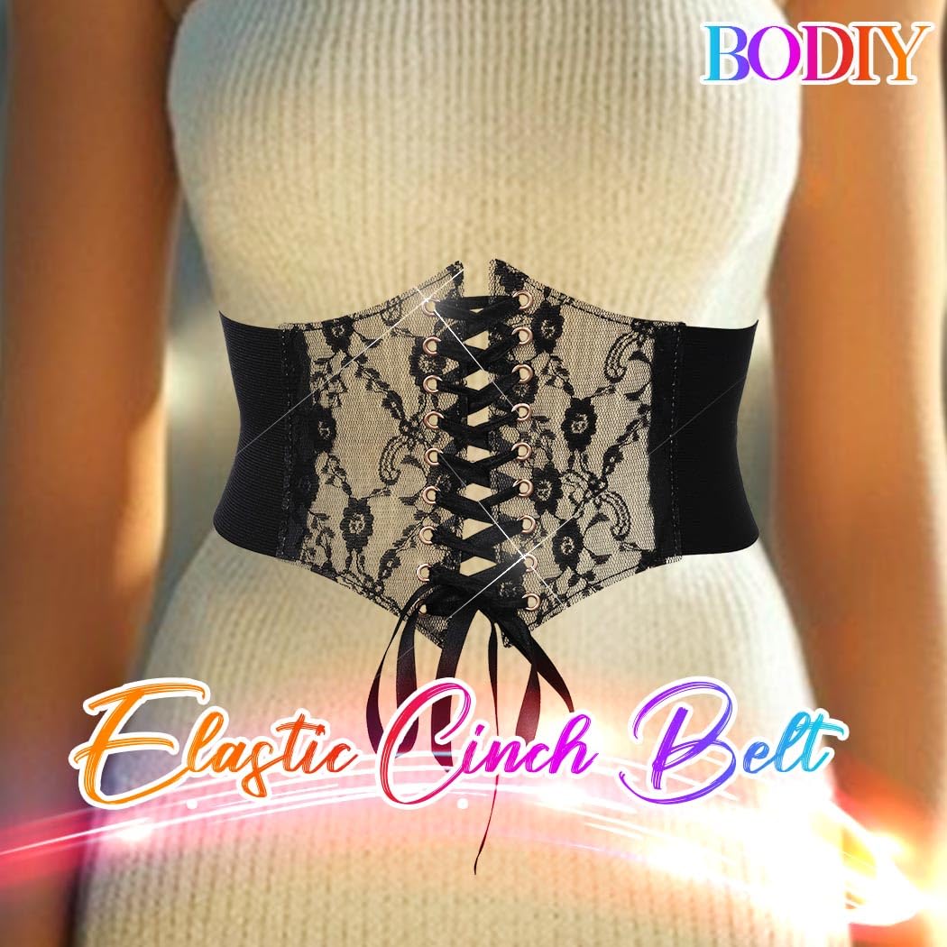 BODIY Women Lace Corset Belts Elastic Cinch Belt Tied Waspie Wide Waist Bustiers for Dress (Black)