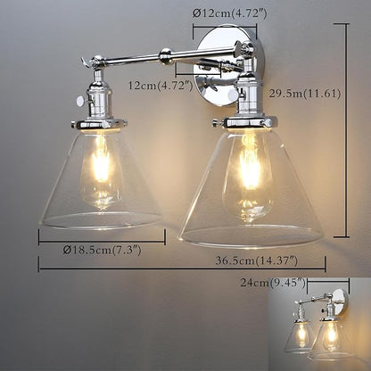 PERMO Double Sconce Chrome Industrial 2-Lights Wall Sconces with Funnel Flared Glass Clear Glass Shade Vanity Light for Bedroom (Chrome)