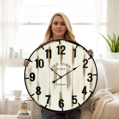 Farmhouse White 30 Inch Wooden Large Wall Clock, Silent Non-Ticking Quartz Movement, Battery Operated Modern Rustic Clock for Living Room, Kitchen, Office, Home Decor