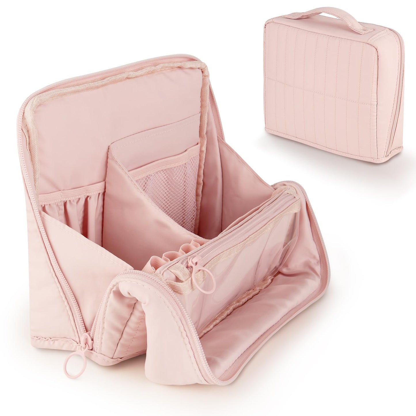 Abiudeng Standing Makeup Bag Stand up Make up Bag Travel Toiletry Bag with Multiple Compartments Large Capacity for Women Business Trips Fitness and Daily Commutes (Pink)