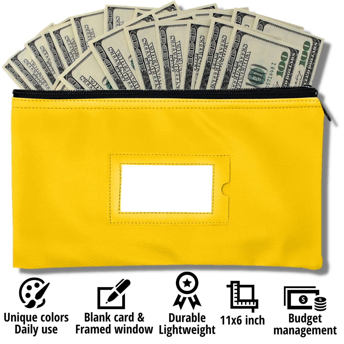 Money Bank Deposit Bag with Zipper | 11x6 inch | Yellow | Durable Leatherette Money Cash Coin Check Wallet Pouch for Men & Women with Framed ID Window and Blank Card | by GIDABRAND (7)
