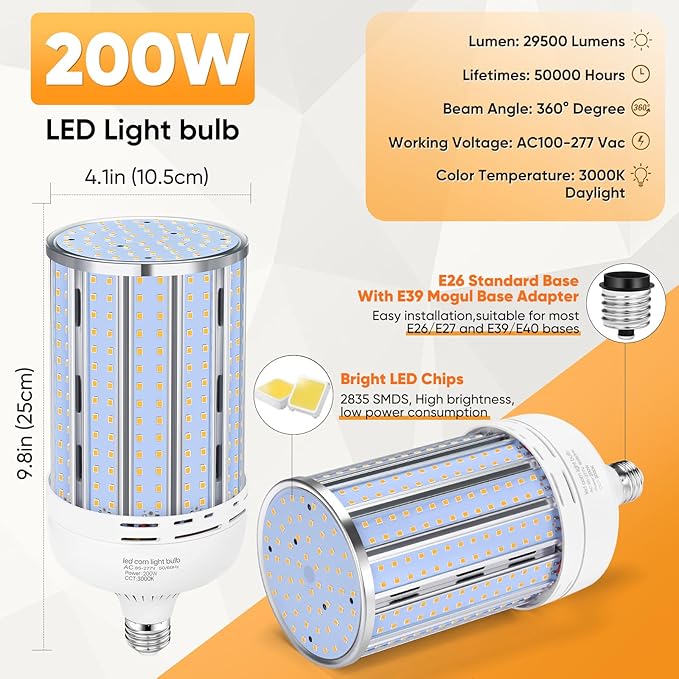 2 Pack 200W Corn LED Light Bulb Fanless,29,500LM 3000K/Warm White(2000 Watt Equivalent) E26/E39 Large Mogul Base LED Cob Lamp for Outdoor Indoor Garage Warehouse Factory Workshop Street Backyard