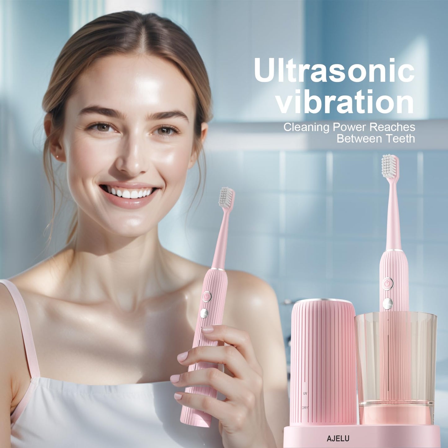 Electric Toothbrush Set with Drying & Sanitizing Holder, 8 Replacement Brush Heads, Transparent Rinse Cup, Smart Timer, USB Rechargeable for Adults