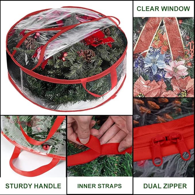 ProPik Christmas Wreath Storage Bag 30" - 2 Pack Clear Christmas Wreath Storage Container - Garland Holiday Artificial Wreath Storage Holder - Water Proof Transparent Clear PVC (30 Inch, Red)