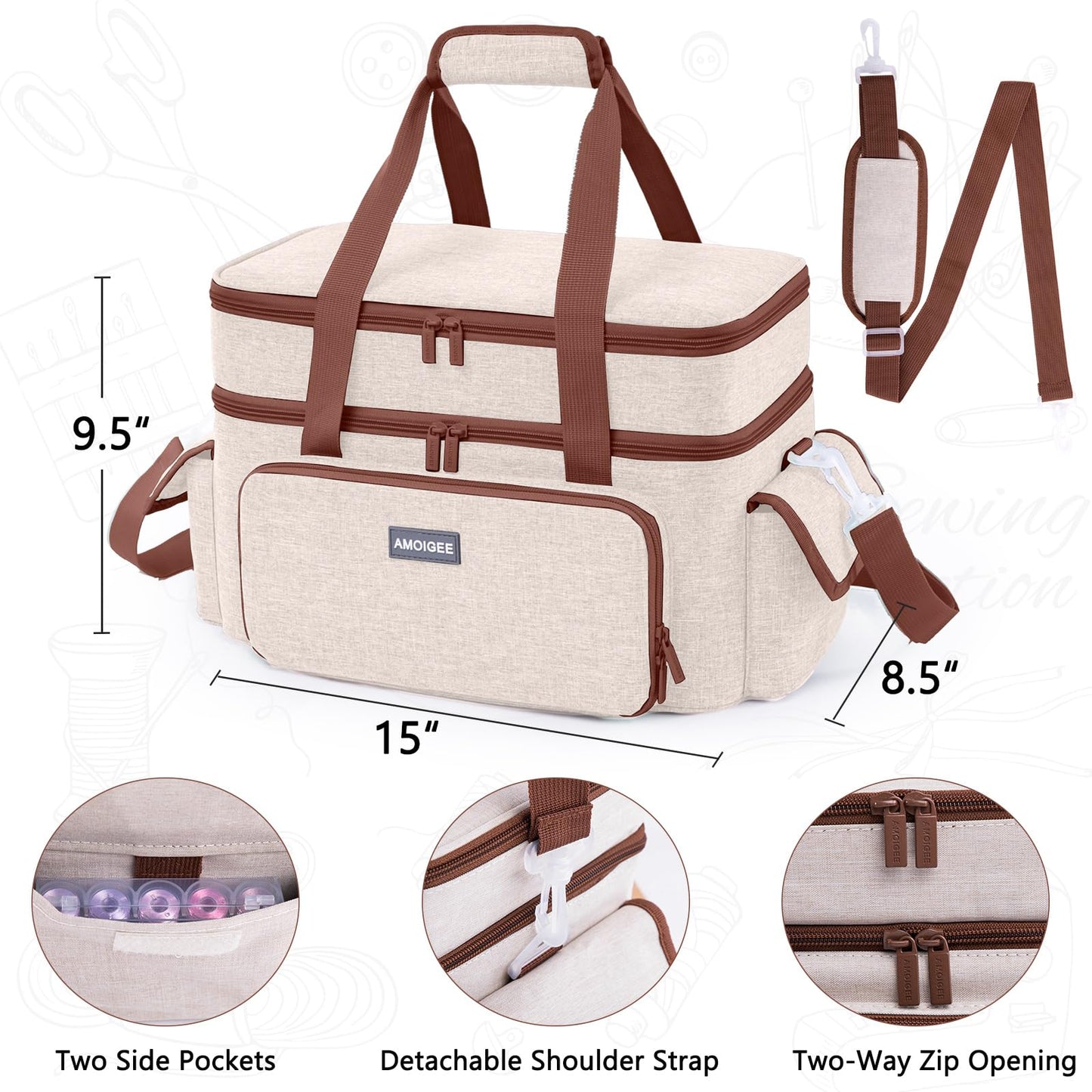 AMOIGEE Large 15" Double-Layer Sewing Storage Bag with Detachable Diviers – Large Sewing Organizer with Shoulder Strap, Elastic Loops for Sewing Supplies, Tools & Accessories