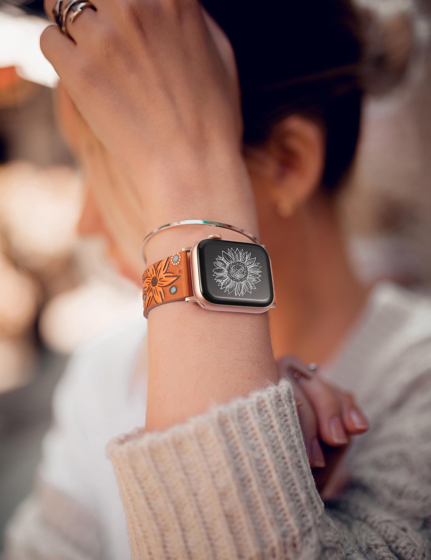 Minyee Leather Band Compatible with Apple Watch Band 41/40/38/44/45/46/49/42mm Women, Boho Western Embossed Sunflower Floral Designer Leather Strap for iWatch Series 11 10 9 8 7 6 5 4 SE/Ultra 3 2 1