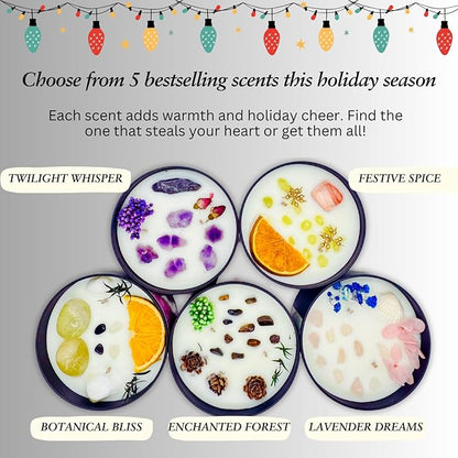 Moira's Bazaar Winter's Joy Gift Set – 16 Oz 50 Hr Scented Candle with Crystals & a Crochet Positive Penguin | Christmas, Holiday, or Motivational Gift, Artisanal Luxury Fragrances (Festive Spice)
