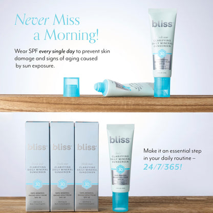 Bliss Block Star Clarifying Daily Mineral Sunscreen Broad Spectrum SPF 30, Blendable Pore Safe Formula for Blemish Prone Skin with Salicylic Acid and Witch Hazel, 1.4 Fl Oz
