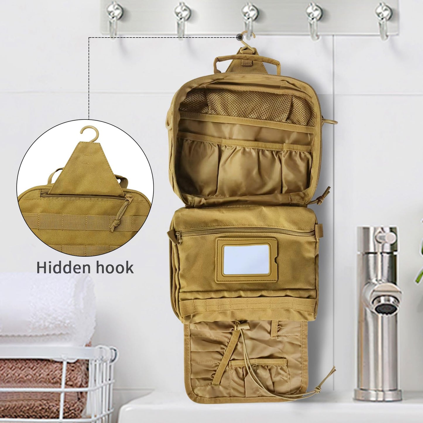 SUNRISING Tactical Travel Toiletry Bag for Men and Women, Hanging Travel Toiletry Organizer Dopp Kit, Toiletries Shaving Hygiene Bathroom Bag,Men's Toiletry Bag for Short Trips Camping - Khaki