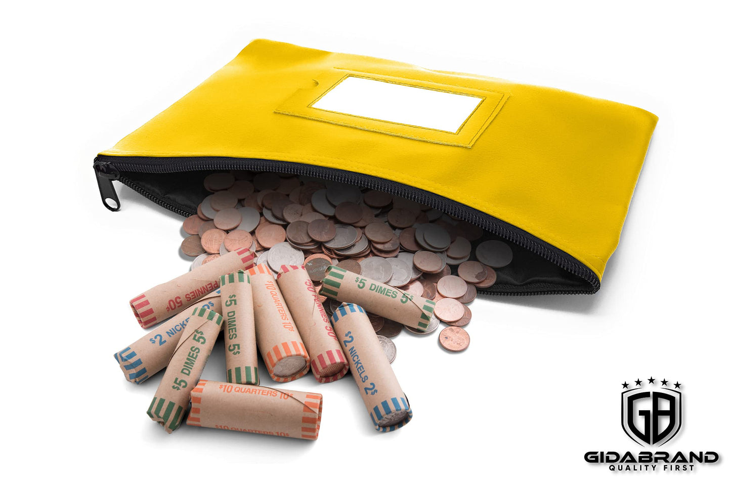 Money Bank Deposit Bag with Zipper | 11x6 inch | Yellow | Durable Leatherette Money Cash Coin Check Wallet Pouch for Men & Women with Framed ID Window and Blank Card | by GIDABRAND (7)