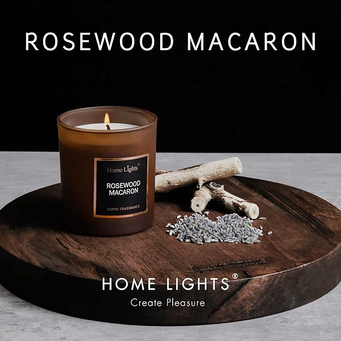 HomeLights Luxury Scented Candle, Natural Soy Wax, Home Fragrance Decor Gift, Rosewood Macaron, Medium Jar
