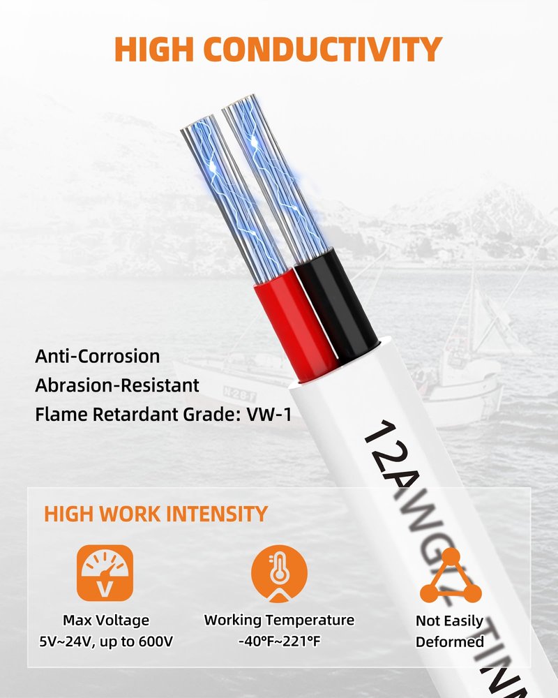CONEPY 12 Gauge Marine Wire, 12/2 Duplex Marine Grade Cable, IP68 Waterproof/Oxygen-Free Tinned Copper Stranded PVC 12 AWG Wire for Boat, Automotive, RV, Solar, LED Strips (50FT)