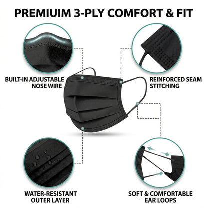 FINESTIC Disposable Face Mask for Adults, Breathable 3-Ply Premium Quality with Adjustable Nose Wire
