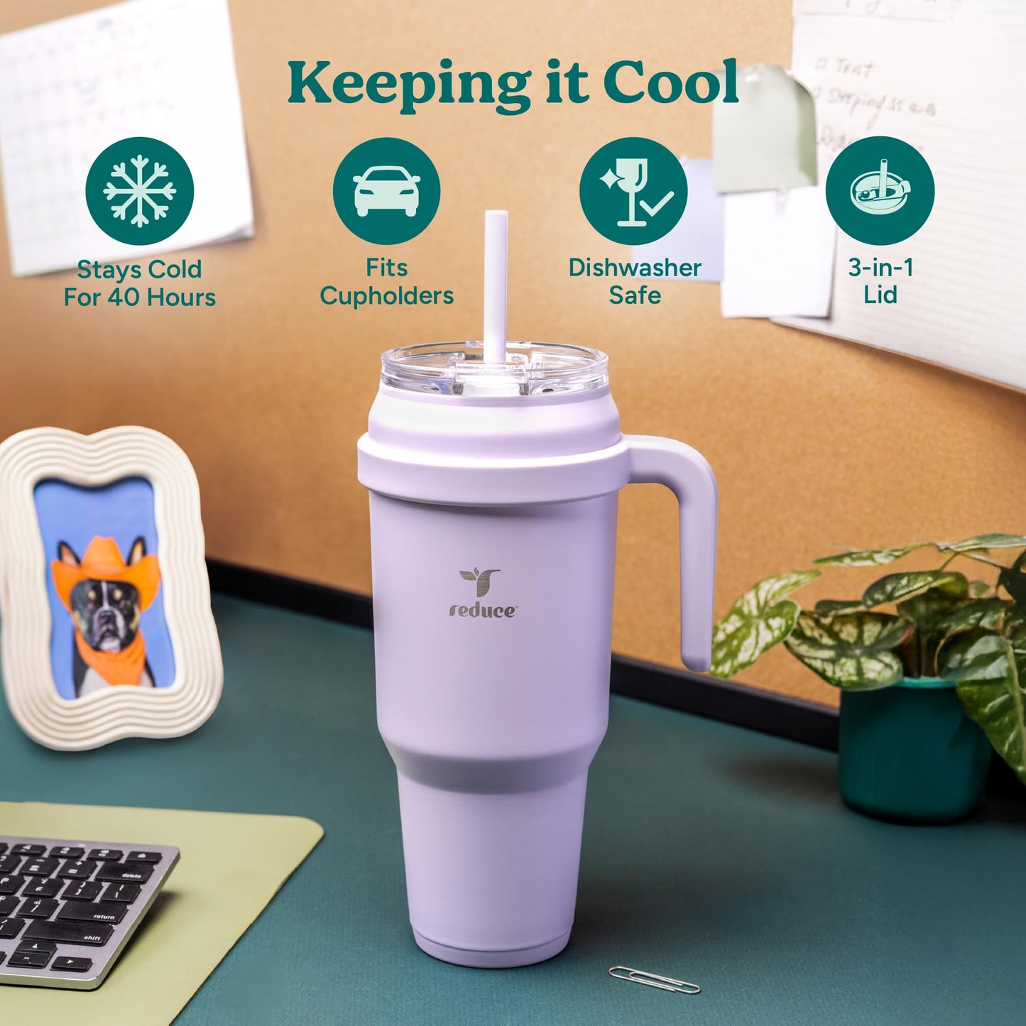 REDUCE 50 oz Stainless Steel Tumbler with Handle - Dual-Wall Vacuum Insulated Travel Mug, Sweat-Proof Lid & Reusable Straw - Keeps Drinks Cold for 24 Hrs, Fits Cupholders, Dishwasher Safe - Alpine