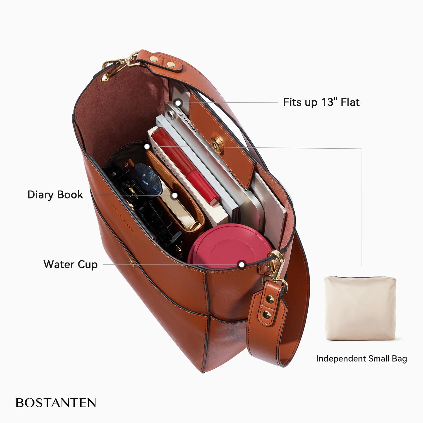 BOSTANTEN Women's Leather Designer Handbags Tote Purses Shoulder Bucket Bags Brown