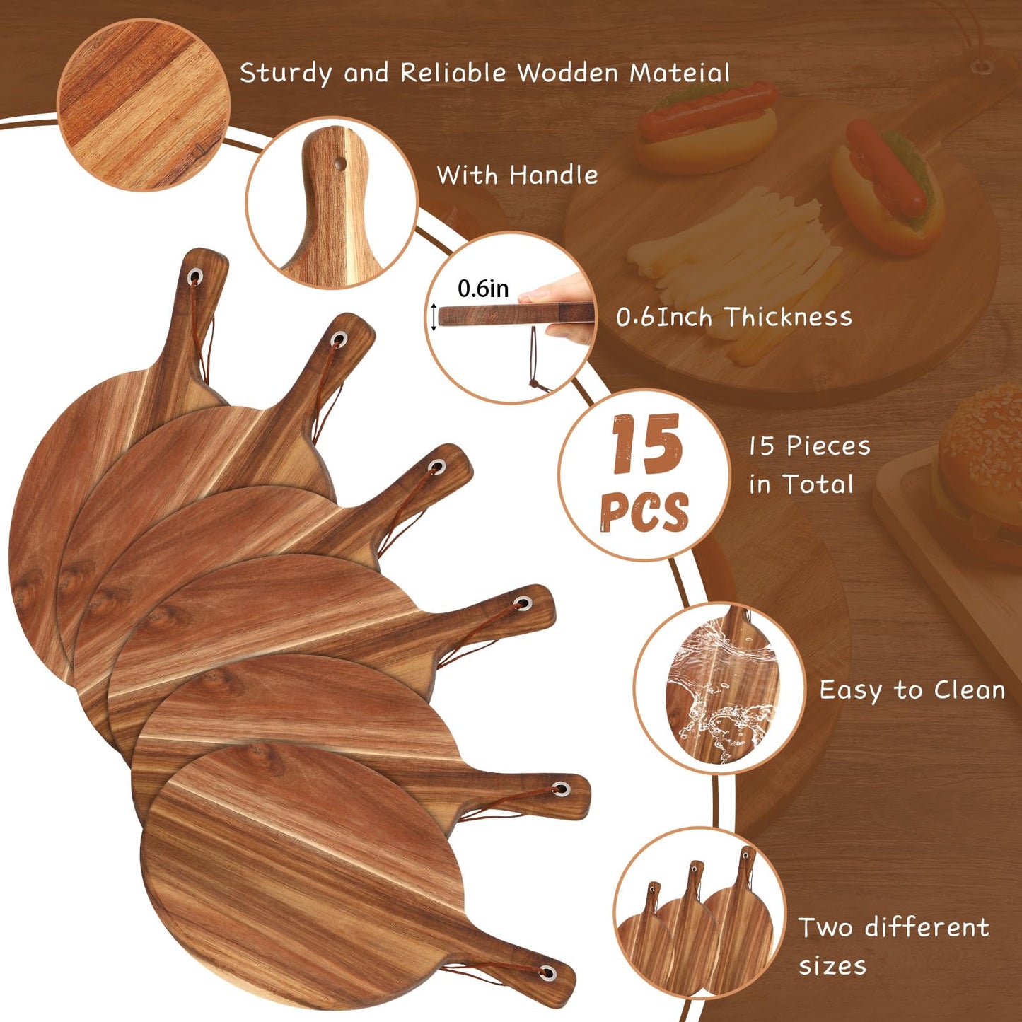 Uiifan 15 Pcs Round Acacia Wood Cutting Board Set with Handle Thick Wooden Charcuterie Board Bulk Large Paddle Chopping Set for Christmas Serving Meat Pizza Bread Baking (3 Sizes)