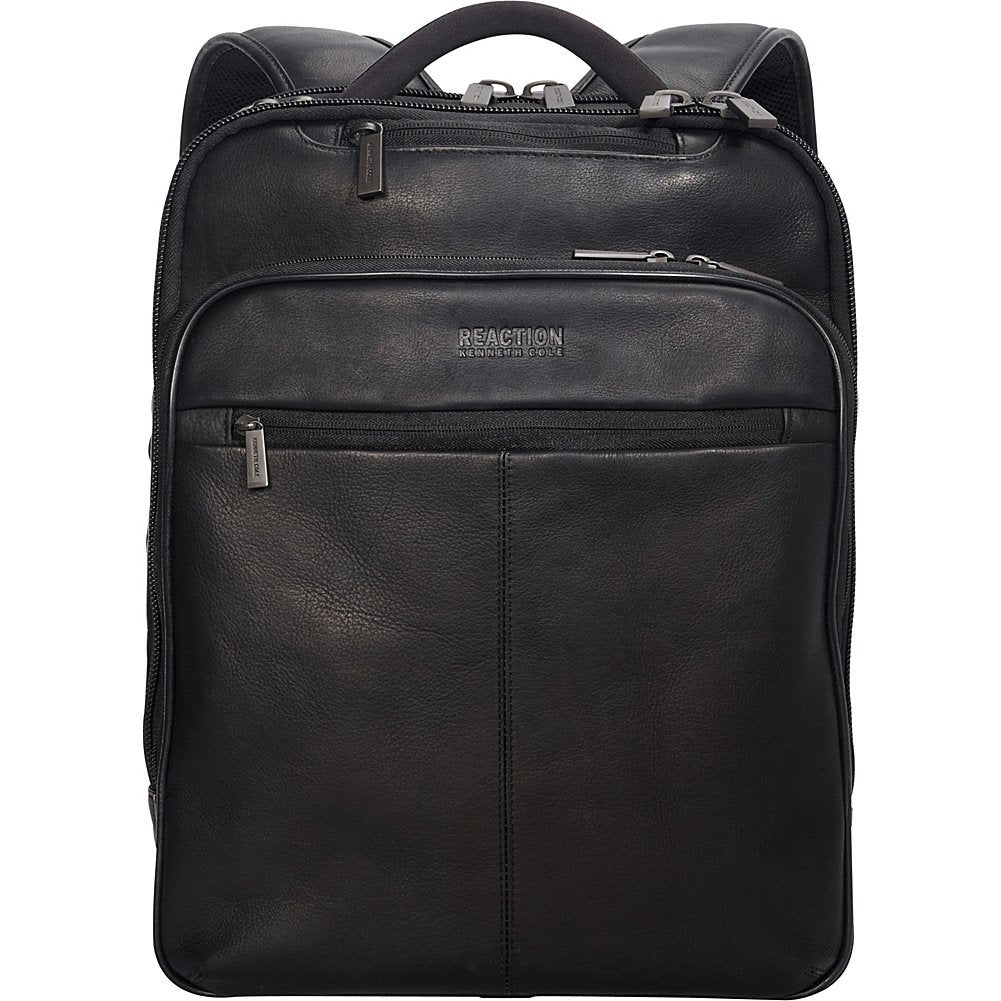 Kenneth Cole Reaction Manhattan Colombian Leather Slim 16" Laptop & Tablet Checkpoint-Friendly Anti-Theft RFID Business Book Bag Backpack, Black