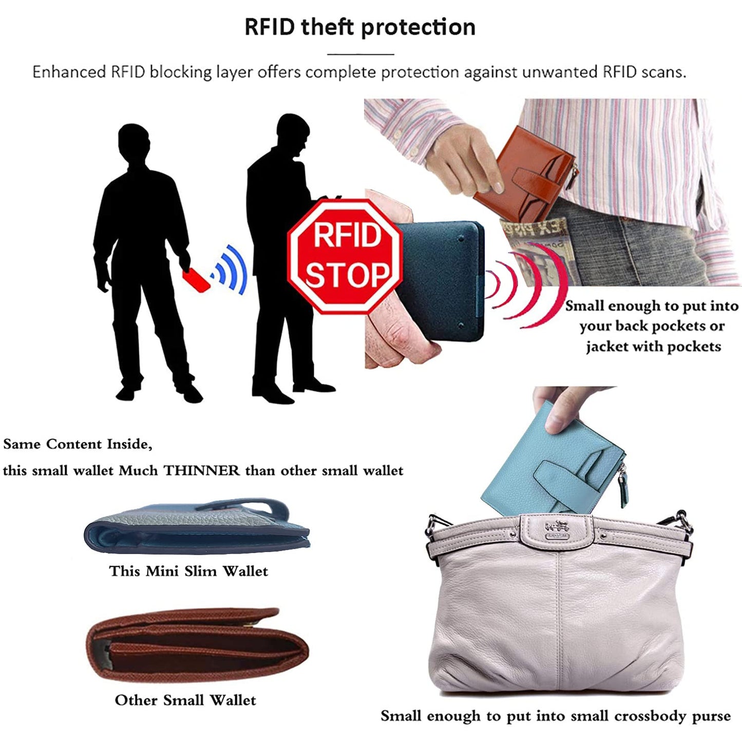 AINIMOER Women's RFID Blocking Leather Bi-fold Wallet, Lichee Blue