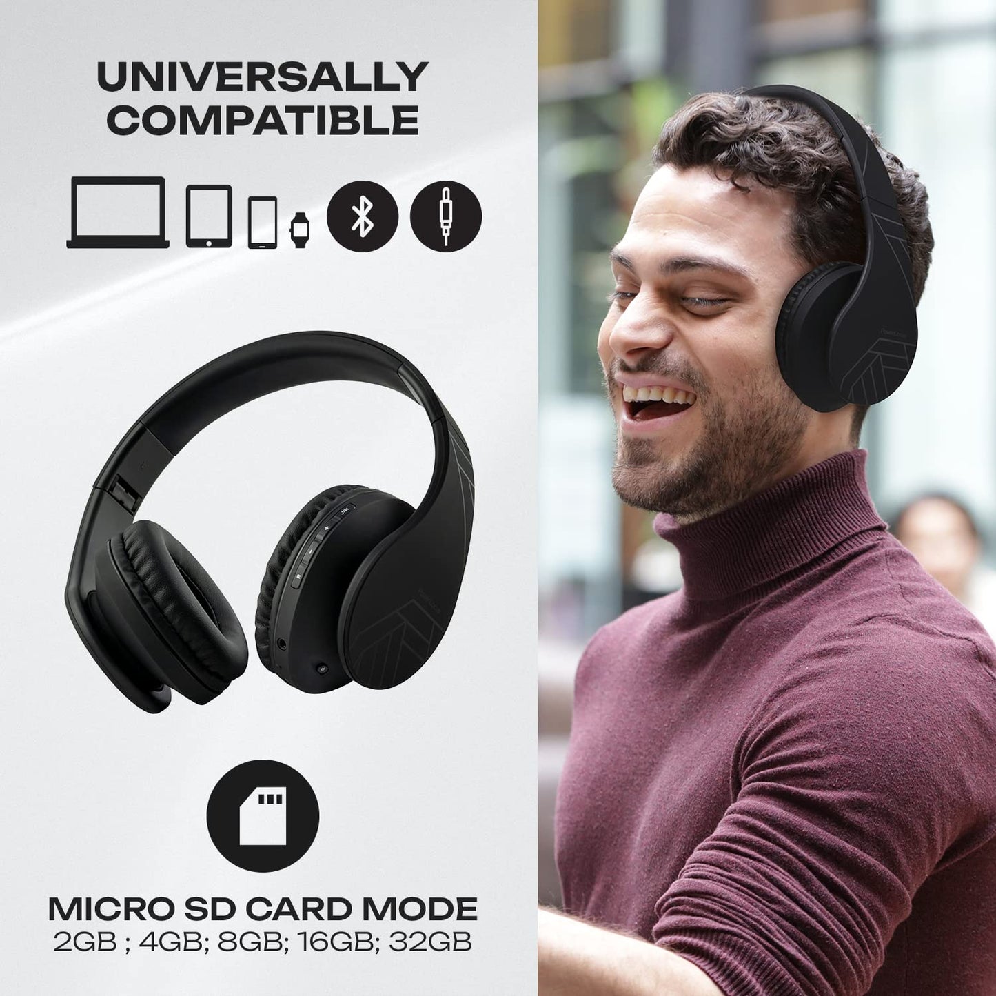PowerLocus Bluetooth Over-Ear Headphones, Wireless Stereo Foldable Headphones Wireless and Wired Headsets with Built-in Mic, Micro SD/TF, FM for iPhone/Samsung/iPad/PC (Black)