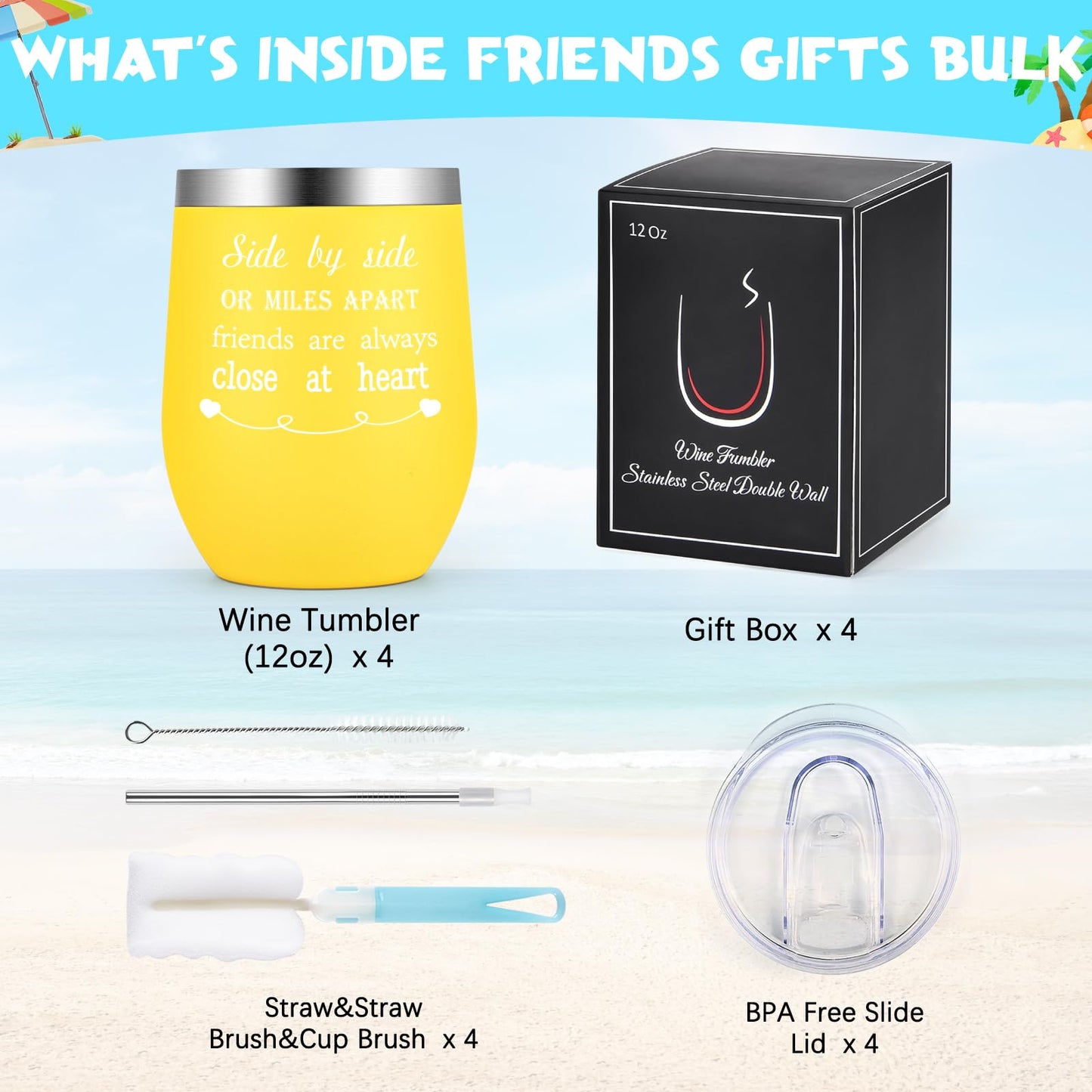 GINGPROUS 4 Pack Friend Wine Tumbler Set for Girls Trip Friendship Girls Weekend Long Distance Frineds, 12 Oz Stainless Steel Wine Tumbler with Lid and Straw, Mix Color