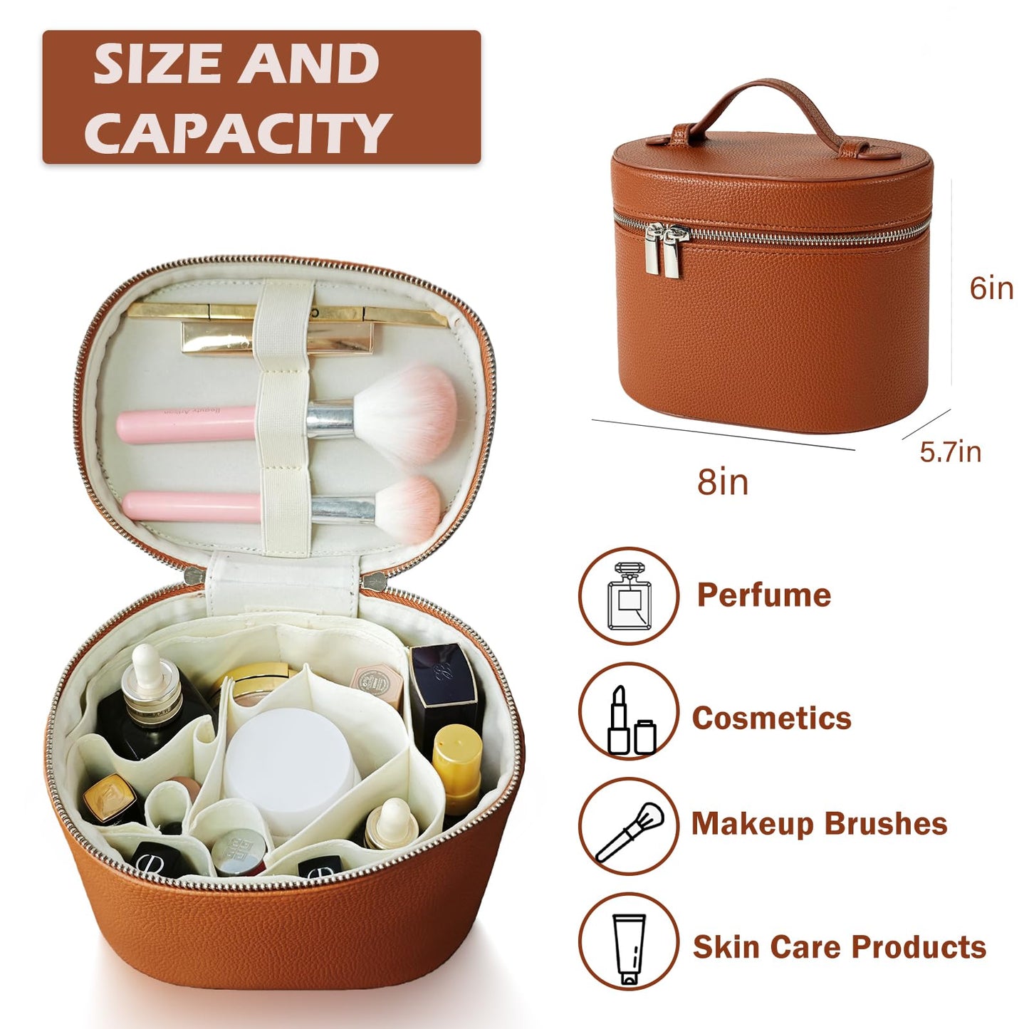 JOVOLIFE Makeup Case, Large Capacity Leather Makeup Bag with Removable Washable Compartment, Portable Waterproof Leather Cosmetic Case, Multi-functional Travel Organizer, Brown