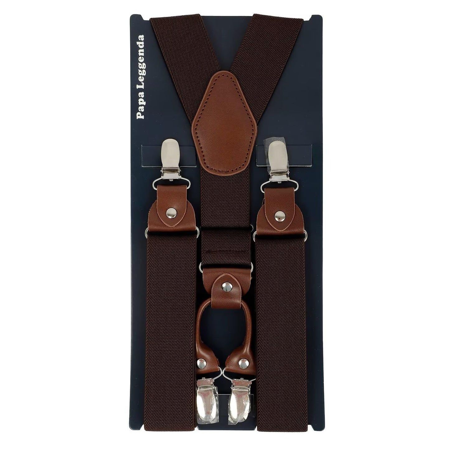 PAPA LEGGENDA Brown Suspenders for Men Heavy Duty Adjustable Elastic Shoulder Straps with 4 Super Strong Metal Clips Perfect for Comfort and Style Mens Suspenders