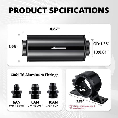 EVIL ENERGY Inline Fuel Filter 10 Micron with 6AN 8AN 10AN Adapter&Bracket Clamp 50MM Universal