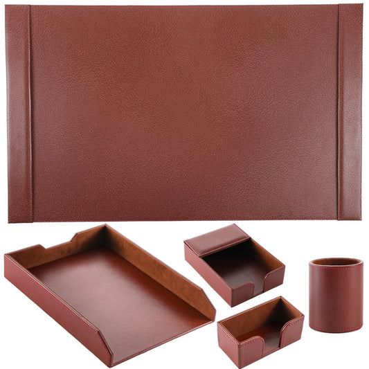 BORNERWHITE 5 Pcs Bonded Leather Desk Organizer Accessories Set 30 x 18 Inch Leather Desk Mat Protector Sticky Note Holder File Paper Tray Pen Cup Business Card Holder Workspace Decor for Women Men