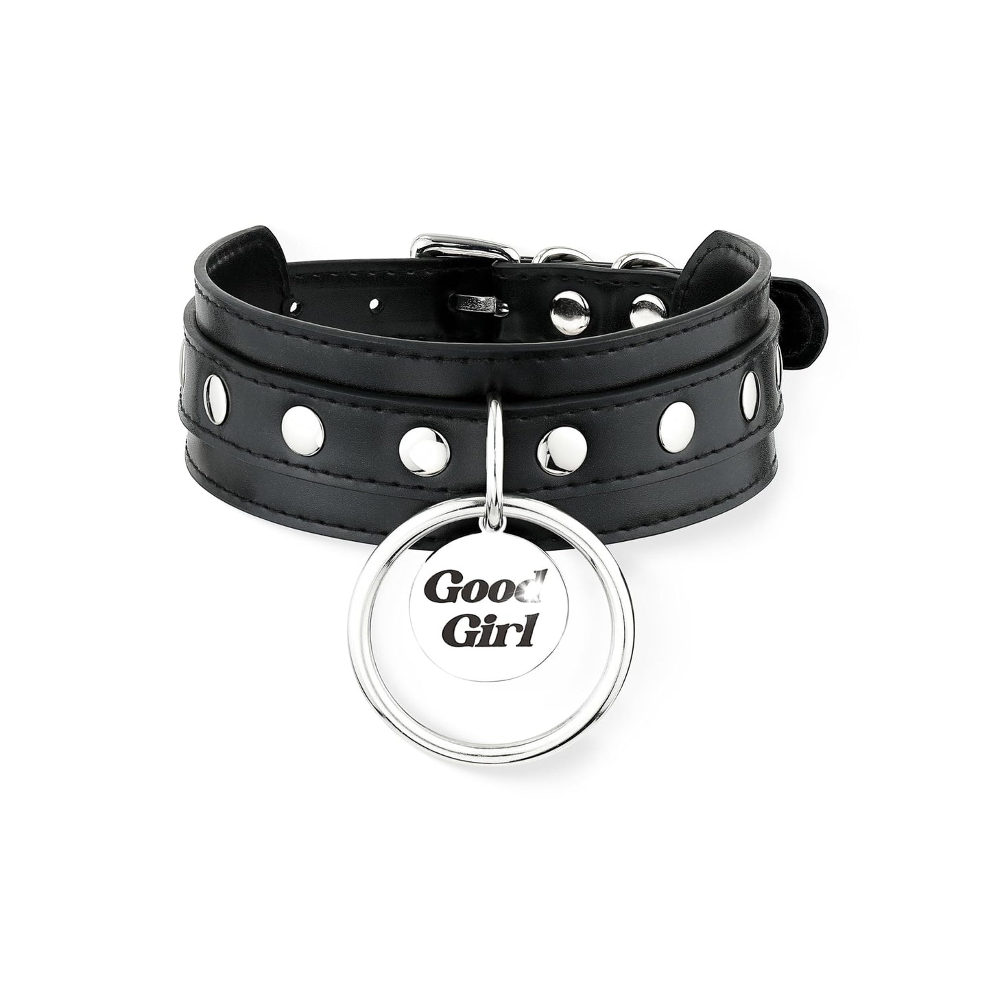 ADEMISHIA Black O-ring Leather Choker Collar for Women, Gothic Punk Style Adjustable Choker Necklace with Rivets and Engraved Letters Steel Tag