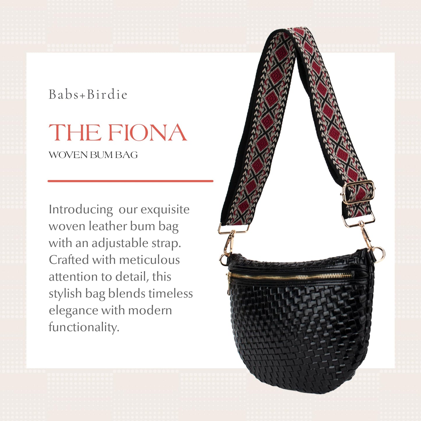 Babs + Birdie The Fiona | Woven Bum Bag | Stylish Woven Crossbody Pack | Adjustable Strap for Travel Festivals & Everyday | Brown & White Checkered