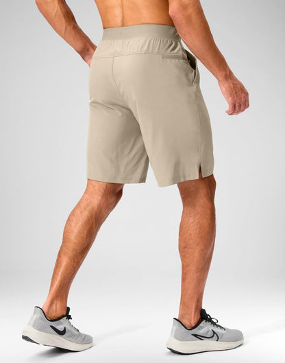 Soothfeel Men's Running Shorts with Zipper Pockets 9 Inch Lightweight Quick Dry Gym Sports Athletic Workout Basketball Shorts for Men (Khaki, L)