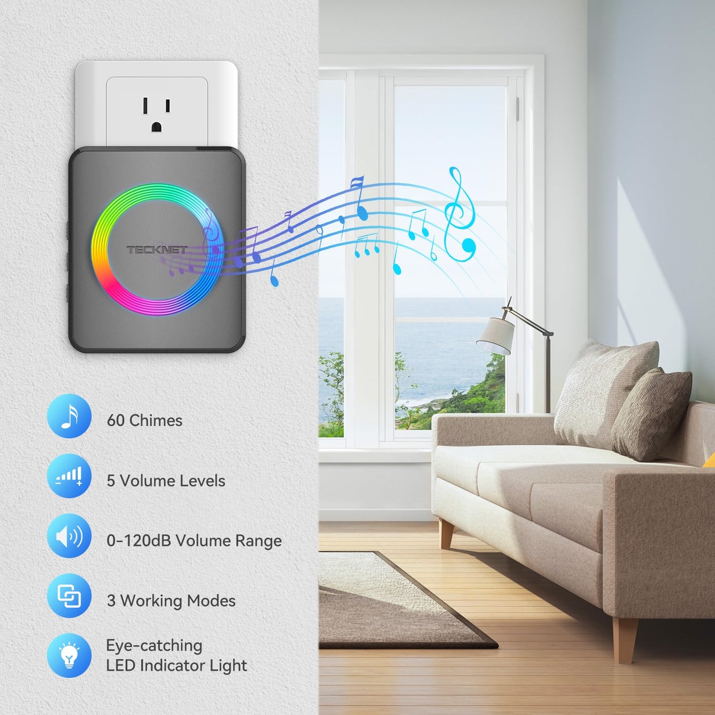 TECKNET Wireless Doorbell, Door Bell 0-120dB, 1300 ft Wireless Range, IP65 Waterproof Classroom Doorbells, 60 Chimes & 5 Volume Levels, RGB Light for Home Kid Room Office Hearing Impaired