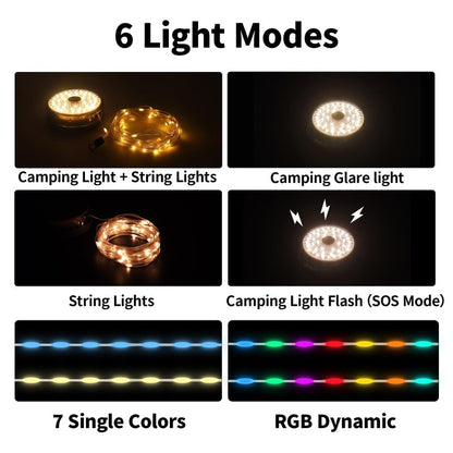 Phylosal Camping String Lights, Camping Essentials 2 in 1 Quick Storage 32.8FT Rechargeable Waterproof Tent Lights with with 6 Modes, Portable LED Hanging Light for Outdoor Patio Awning Garden Party