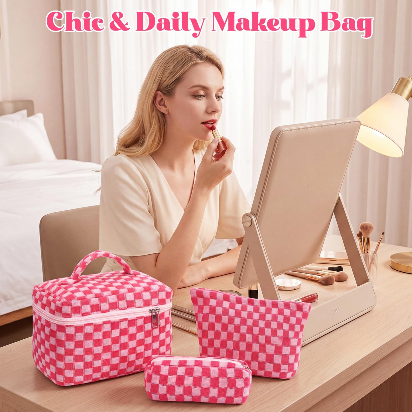 Gilprop 3 Pcs Knit Checkered Makeup Bags Zipper Cosmetic Bag for Purse Large Travel Toiletry Bag Organizer Portable Accessory Pouch Brush Bags Pencil Case for Women (Hot Pink)