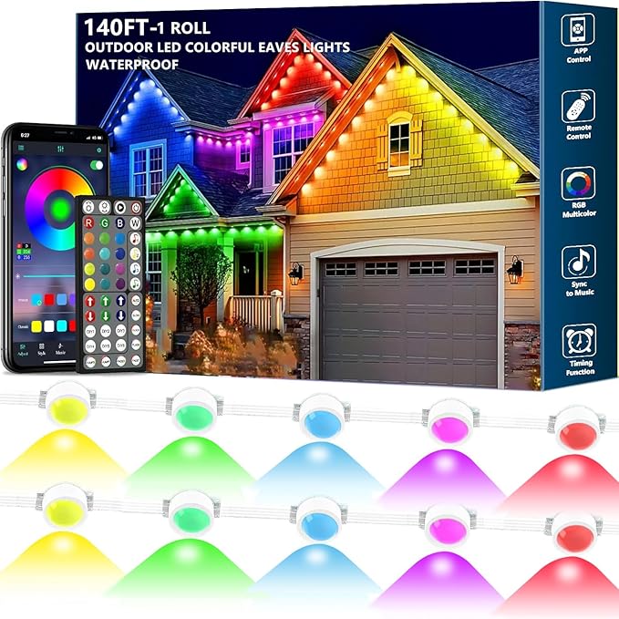 140FT Permanent Outdoor RGB Lights - IP67 Waterproof with Smart App Control Remote, DIY Scene Modes, Music Synchronization, Eaves Lights for Garden Decor, Deck, Party, Party,Roof