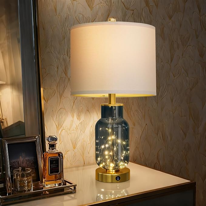 Oneach 22" Glass Table Lamps Set of 2, Blue Modern Bedside Lamp with LED Night Light for Living Room, Nightstand Lamp with USB Ports for Bedrooms, Study Room, End Table(2 Bulbs Included)